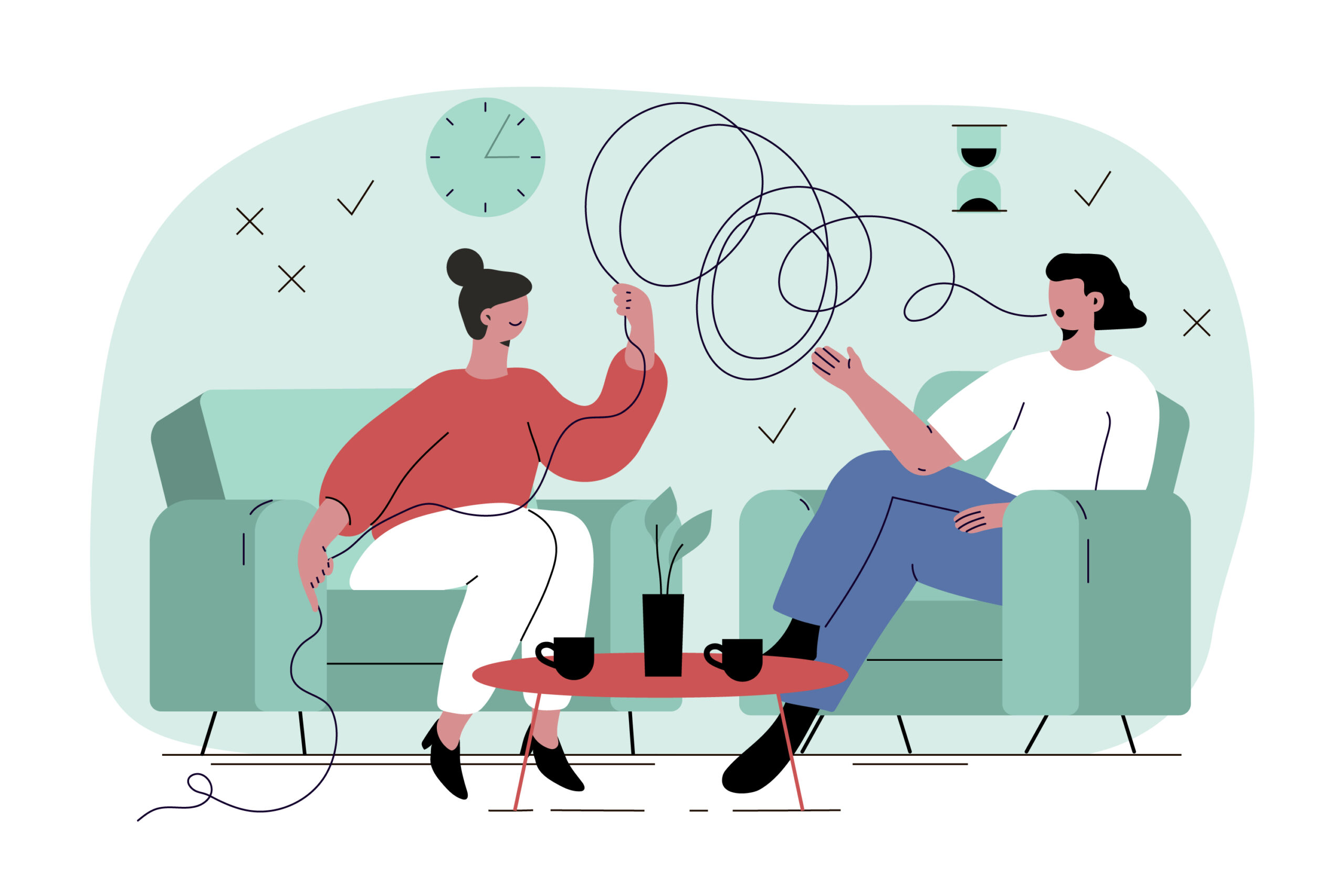 Two cartoon people sitting in chairs and having a good therapy session and talking about lots of things