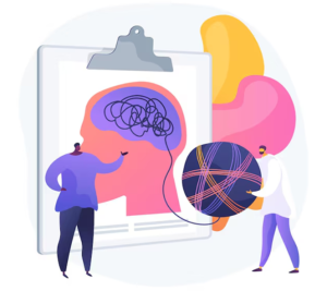 Two people looking at a confused brain