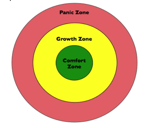 Bullseye picture with comfort zone in middle green part, growth zone in middle yellow part and panic zone in outer red part.